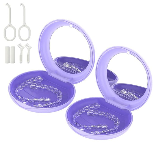 2 Pack Retainer Case with Mirror, Compatible with Invisalign, Slim Aligner Case for Travel, Includes Removal Tools, Seaters & Brush, Magnetic Secure Closure Retainer Box - Purple