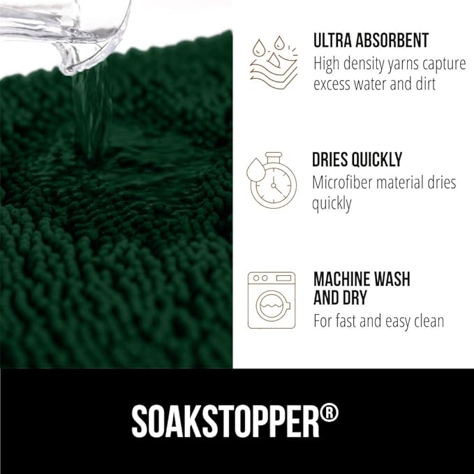 GORILLA GRIP SoakSTOPPER Dog Door Mat, 36x24 Machine Washable Rug Absorbent Doormat Captures Moisture Mud Dirt, Quick Dry Soft Chenille Entryway Rugs Indoor Entrance Mats for Dog Paws, Deep Green