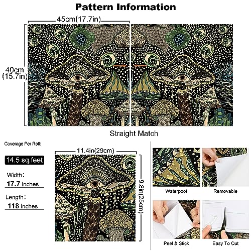 WENMER Peel and Stick Floral Boho Mushroom Wallpaper - Self Adhesive Contact Paper for Bedroom Bathroom 17.7in x 9.8ft