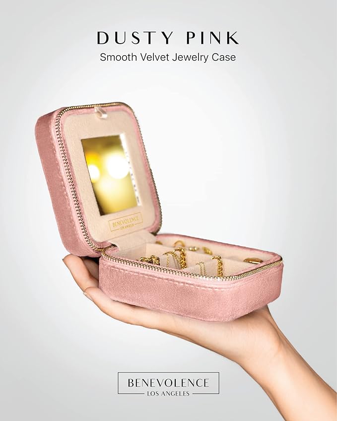 Benevolence LA Plush Velvet Jewelry Box | Travel Jewelry Case Organizer with Mirror | Featured in Oprah's Favorite Things | Best Gifts For Daughter, Girlfriend, Mom | Gifts For Her - Dusty Pink