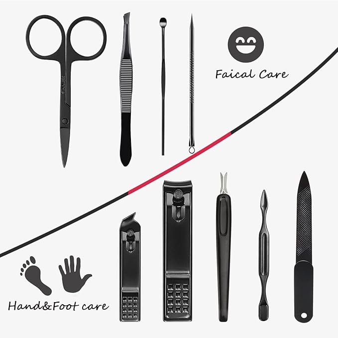 Manicure Set 9 in 1 Stainless Steel, Nail Clippers Scissors Pedicure Tools Kit - Portable Travel Grooming Kit for Men and Women with Leather Case (Red-BIG Nail Clipper)