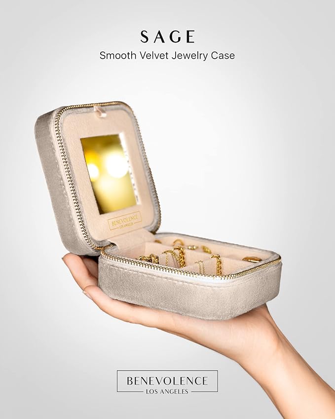 Benevolence LA Plush Velvet Jewelry Box | Travel Jewelry Case Organizer with Mirror | Featured in Oprah's Favorite Things | Best Gifts For Daughter, Girlfriend, Mom | Gifts For Her - Sage