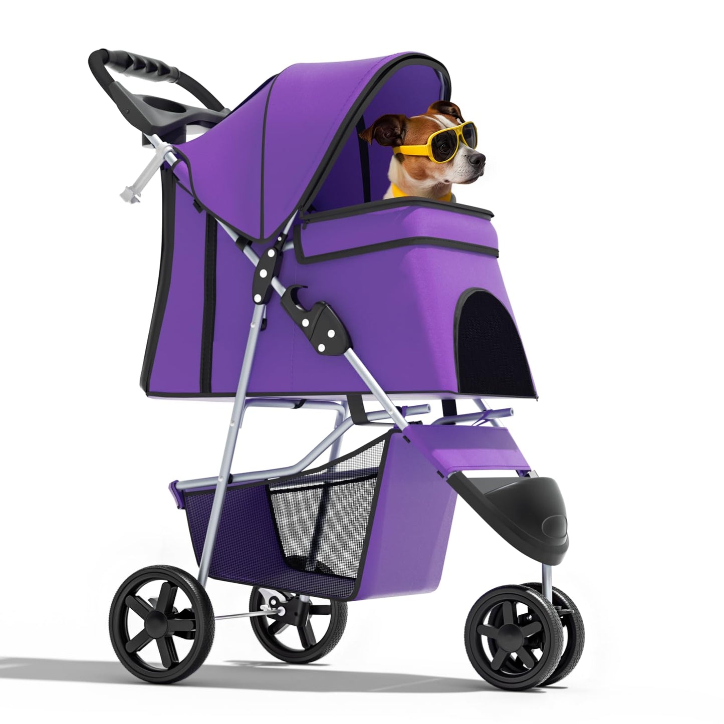 Magshion 3-Wheel Pet Stroller, Foldable Travel Jogger for Small & Medium Dogs & Cats (Up to 33lbs), Lightweight Carrier with Breathable Mesh Cover, Cup Holder & Storage Basket, Purple