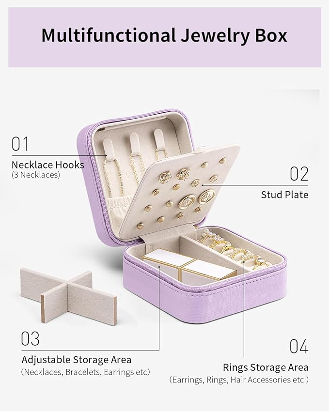 Vlando Travel Jewelry Case, Small Travel Jewelry Organizer Box for Girls Women - Purple