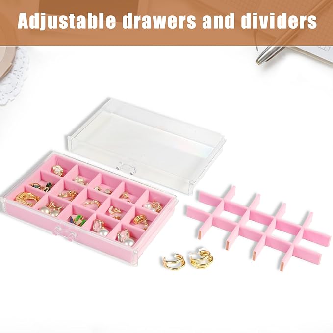 5 Drawers Clear Jewelry Box for Women and Girls, Acrylic Earring Holder Organizer Ring Holder Display Storage, Pink