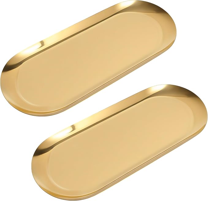 2PACK Gold Decorative Tray,Oval Stainless Steel Trays, Decorative Tray for Jewelry Dish Cosmetics Organizer Bathroom Clutter Serving Platter