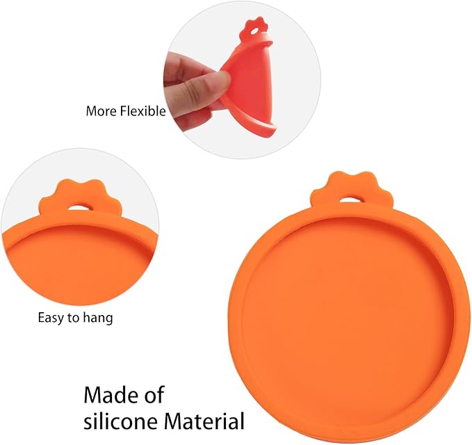 PINE & LINEN 4 Pcs 2.5inch Durable Pet Can Lids,Silicone Small Pet Can Covers Waterproof Cat Food Cans Lids for 3 oz Cat Food Cans（Orange）