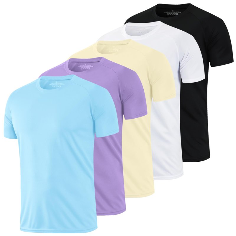 HovSiyla 5 Pack Running Shirts Men Sport Tops Dry Fit Gym Wicking Athletic T Shirts Breathable Cool Workout Shirts Black White Purple Almond Haze-Blue Small