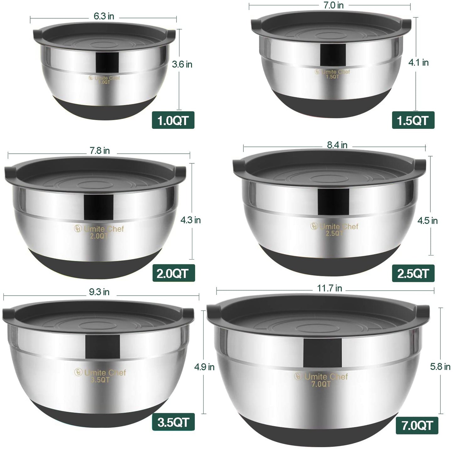 Umite Chef Mixing Bowls with Airtight Lids，6 piece Stainless Steel Metal Nesting Storage Bowls, Non-Slip Bottoms Size 7, 3.5, 2.5, 2.0,1.5, 1QT, Great for Mixing & Serving(Grey)