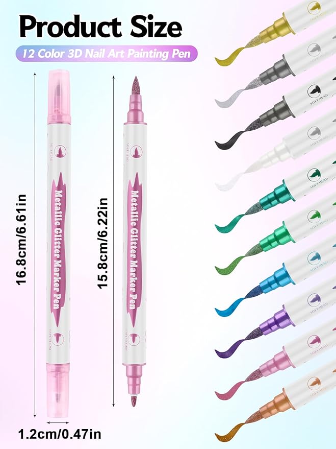 10 Color Metal Giltter 3D Nail Art Pens Set, Kalolary Double-ended Nail Point Dotting Pen Drawing Painting Liner Brush for DIY Nail Art Beauty Adorn Manicure Tools(G)