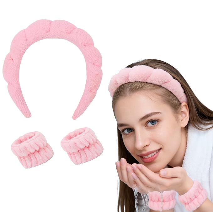 Casoty Spa Headband with Wristband Set, Pink Terry Cloth Non-Slip Hairband Soft Stretchy Skincare Makeup Headwear for Washing Face Yoga Daily Women Girls