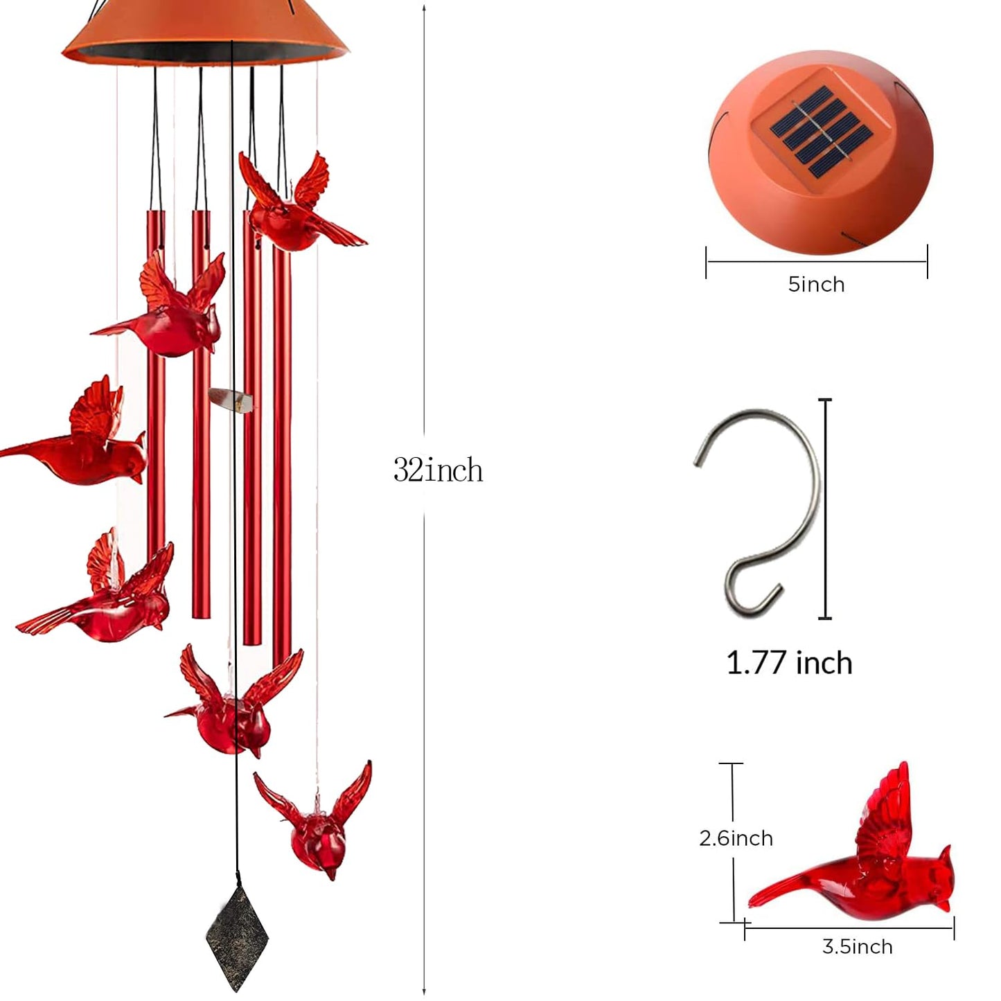 Cardinal Wind Chimes, Red Cardinal Bird Solar Windchimes Outdoor, Red Bird Tubes Garden Decor, Sympathy Wind Chimes,Memorial Gift,Mothers Day for Grandma,Sister Gifts for Women,Friend Birthday Gift