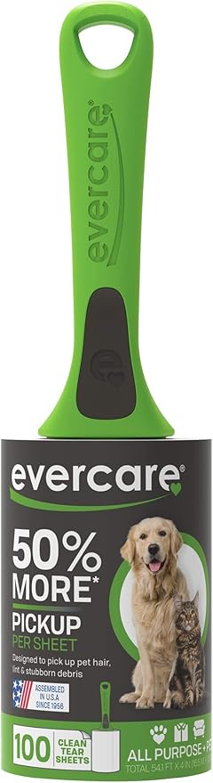 Evercare Pet Hair Lint Rollers All Purpose Use 100 Easy-Tear Sheets Per Roll Reusable Sticky Roller Pets Cat & Dog Hair Remover Contoured Handle For Furniture Clothing & Cars, Set of 3, Green