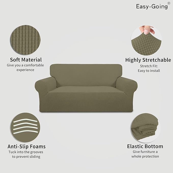 Easy-Going Stretch Oversized Loveseat Slipcover 1-Piece Sofa Cover Furniture Protector Couch Soft with Elastic Bottom for Kids Polyester Spandex Jacquard Fabric Small Checks Khaki