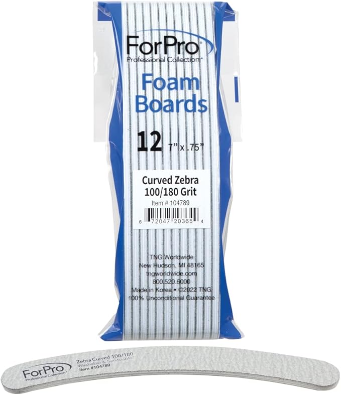 ForPro Professional Collection Zebra Curved Foam Board, 100/180 Grit, Double-Sided Manicure and Pedicure Nail Files, 7” L x .75” W, 12-Count