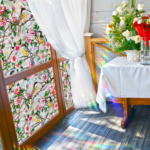 Runtoo Window Privacy Film Rainbow Bird on Tree Branch Flowers Window Clings 3D Decorative Vinyl Stained Glass Rose Peony Floral Decals Static Sticker Non-Adhesive, 17 x 40 inches