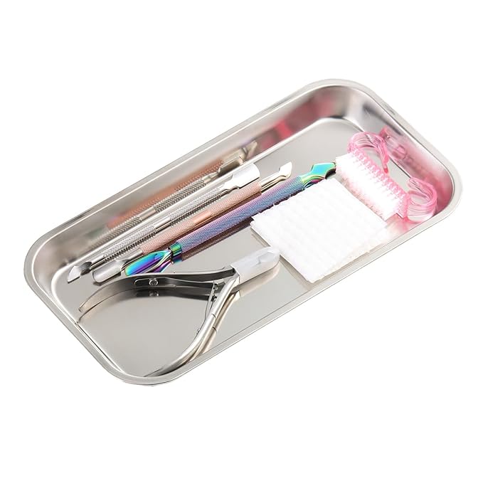 1Pcs Metal Manicure Tools Storage Tray, Rectangular Stainless Steel Storage Dish Nail Art Accessory Display Trays, Jewelry Rhinestone Organizer Plate, Makeup Cosmetic Storages Plate - Silver