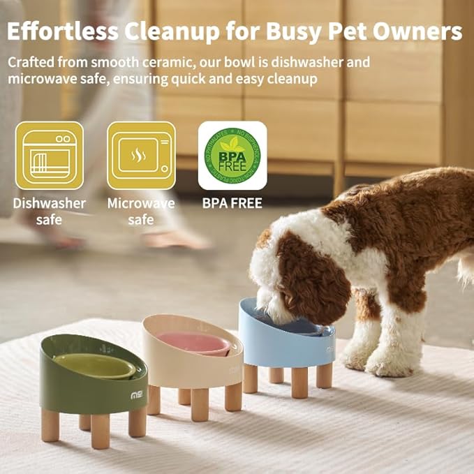 MS!MAKE SURE Ceramic Elevated Cat Bowls with Wooden Stand Set, Adjustable Raised Pet Bowls for Small Dogs & Cats, Anti - Slip Rubber Pad, Leak - Proof, Lead & Cadmium Free, Whisker - Friendly, Pink