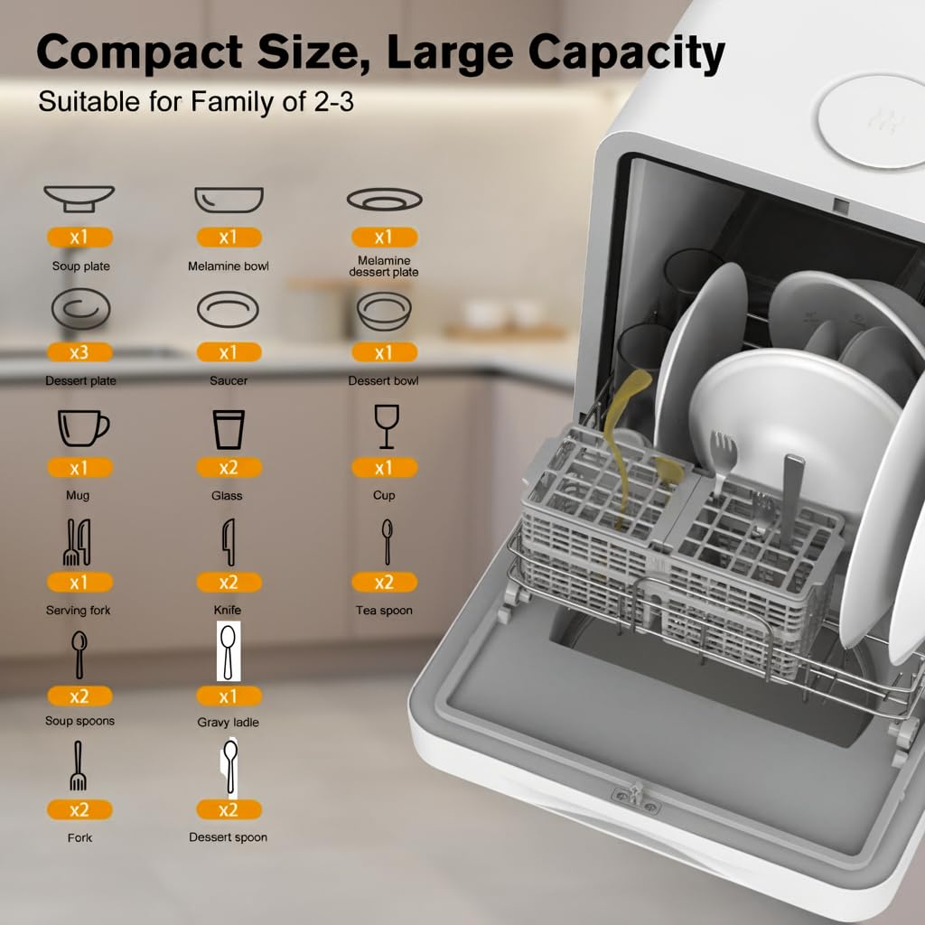 MOMOKOVA Portable Countertop Dishwasher with 5L Built-in Water Tank,Upgraded 7 Program & 24H Delayed Wash,360° Dual Spray, 167℉ High-Temp & No Hookup Needed for Home,white (white)