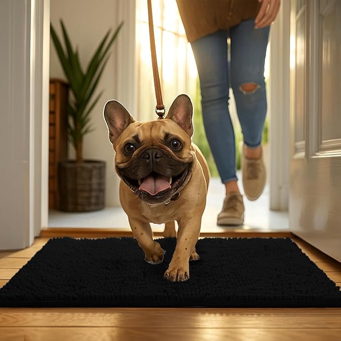 MudGuard Mat™ Dog Door Mat for Muddy Paws, Super Absorbent Microfiber, Non-Slip Indoor Mat, Quick Dry Chenille Mud Mat for Dogs & Entryway, Washable, Black 19" x 30"