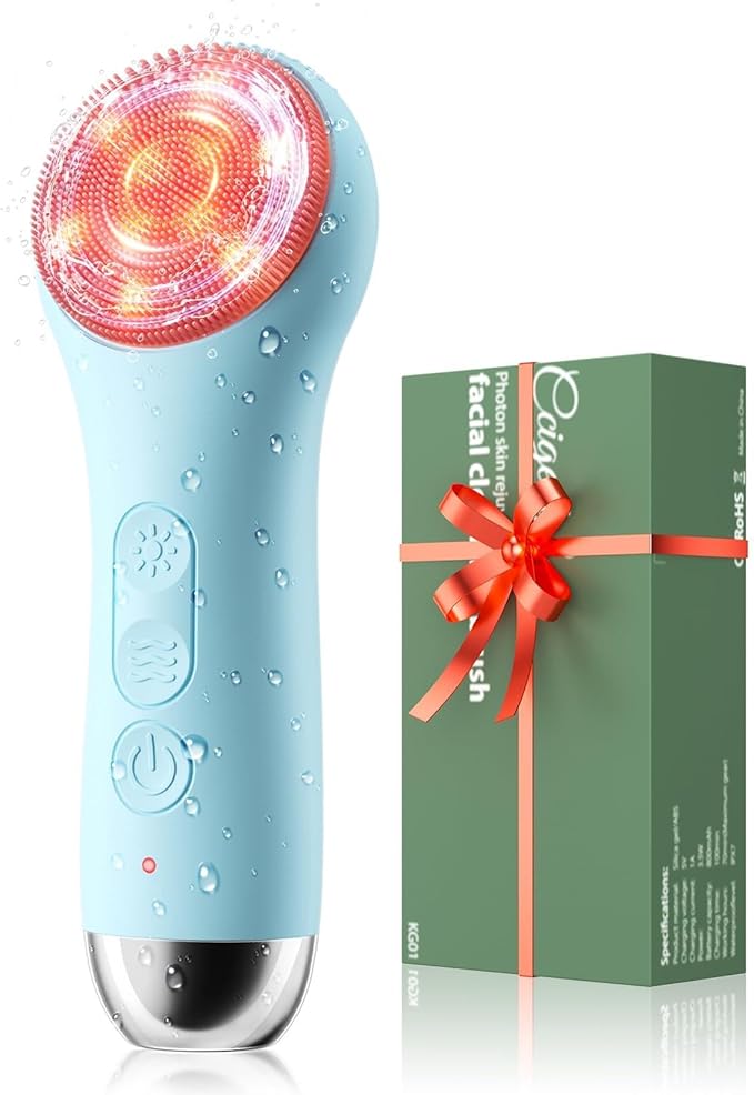 Face Scrubber Facial Cleansing Brush - Waterproof and Rechargeable Face Cleansing Brush with 4 LED Gentle Light, Cleansing, Exfoliating and Massaging, Electric Face Scrub Brush for Men & Women (Blue)