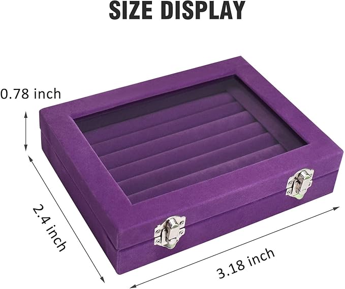 Rings Organizer Tray 7 Slots Velvet Jewelry Earring Storage Box with Transparent lid Jewelry Display Case for Girls Wife Mom Women (Purple)