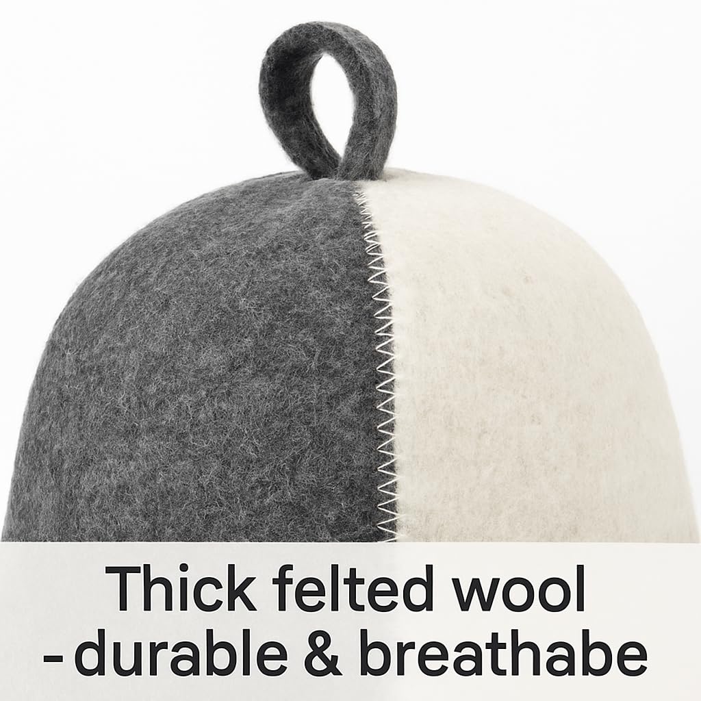 Premium Sauna Hat – 100% Natural Wool, Handmade Sauna Headwear for Men and Women – Eco-Friendly, Breathable, Insulating Hat for Sauna, Steam Room, Banya, and Bathhouse – One Size Fits All, White-Grey