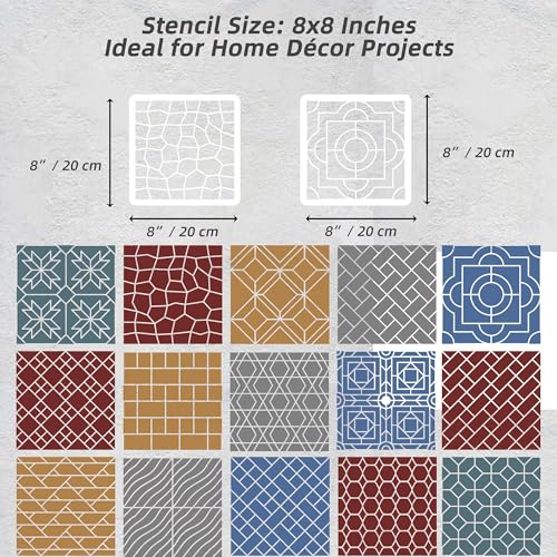 Brick Stencil Set for Crafts (15 Pack, 8x8 Inch), Street Cobblestone & Garden Sidewalk Patterns, Reusable Texture Stencils for Wood, Fabric, Furniture, Terracotta Mosaic & Geometric Floral Tile Design