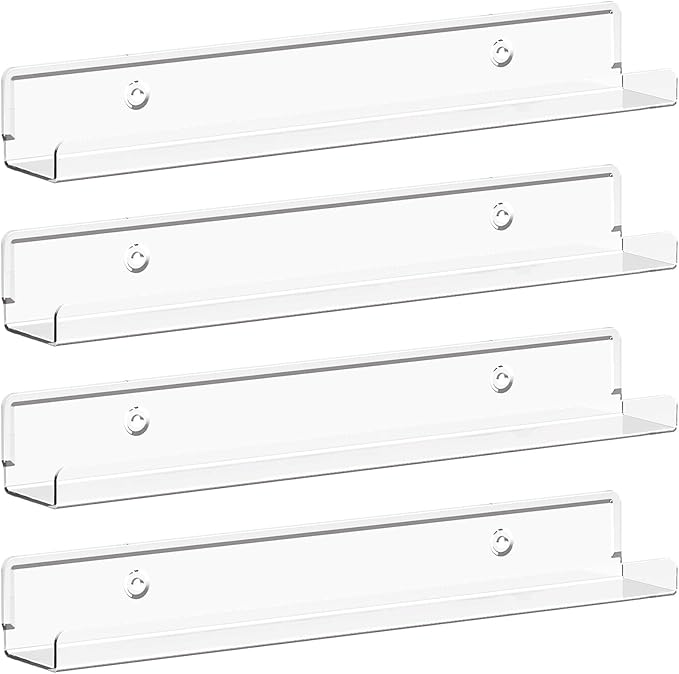 Lifewit Narrow Floating Shelves for Vinyl Record 4 Pack, 12" Clear Wall Shelves for Nail Polish/Book/Picture/Makeup, Acrylic Wall Display Shelf Organizer for Bedroom, Living Room, Bathroom Decor
