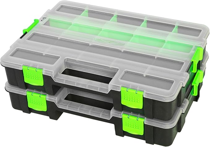 Tool Box with Transparent Lid, Single Side 17-Compartments Organizer Box with Removable Dividers for Hardware, Screws, Bolts, Nails, Beads, Jewelry and Fishing Accessories, Green, 2 Pack