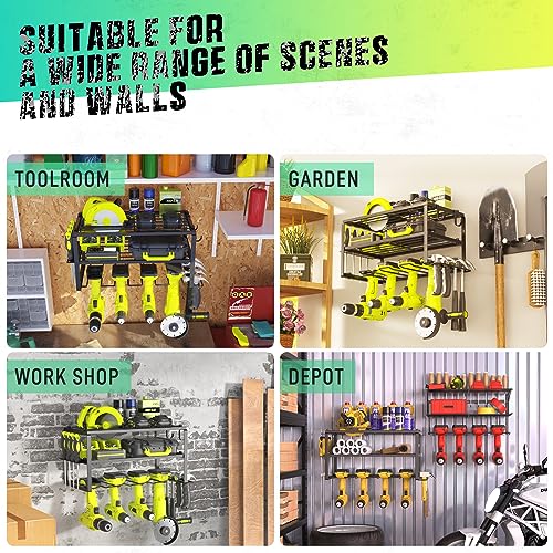 Power Tool Organizer, Heavy Duty Iron, 3 Layers Storage Rack with 4 Drill Holders, Floating Tool Shelf Wall Mounted, Matte Black, Work Shop, Garage, 150Lbs Load Capacity