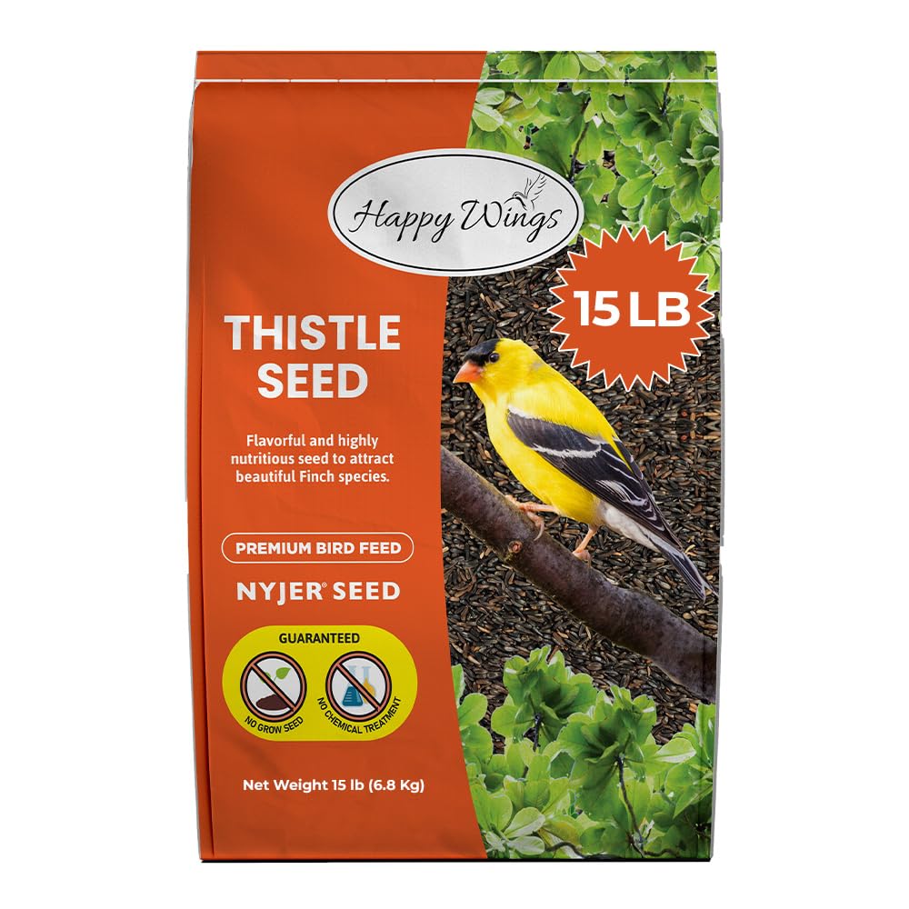Happy Wings Nyjer Thistle Seeds for Wild Birds 15 lbs No Grow Premium Bird Seed Attracts Finches, Goldfinches, Ideal for Year-Round Feeding High in Protein and Energy.