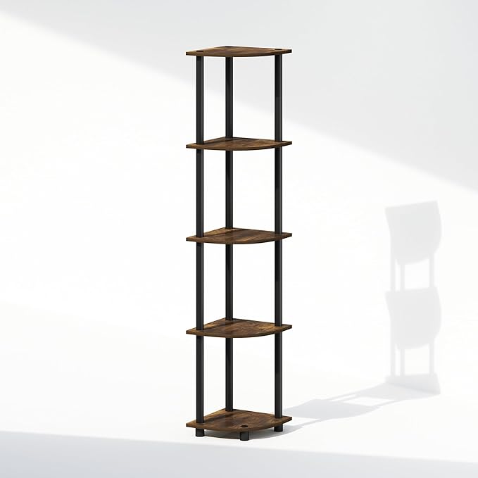 Furinno Turn-N-Tube Storage Shelves, 5-Tier Book Shelf, Corner Shelf, Toolless Open Shelves, for Organization and Storage, Living Room, Home Office, Hallway, Bedroom, Amber Pine
