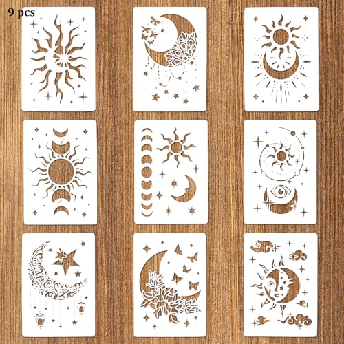 9 Pcs Reusable Stencils for Painting Template Sun Star Moon Tile Walls Floor Creative Drawing Stencil for DIY Craft on Patio Wood Wall Furniture Home Decor Rectangular Style