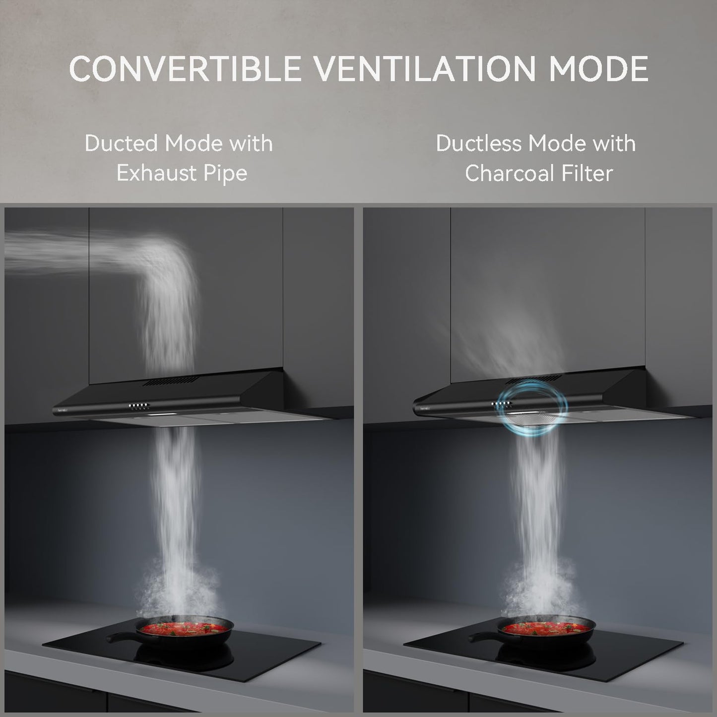 Hermitlux Under Cabinet Range Hood, 30 inch Black Vent Hood With 3 Speed Exhaust Fan, Ducted And Ductless Convertible, LED Bright Light Bulbs and Charcoal Filter