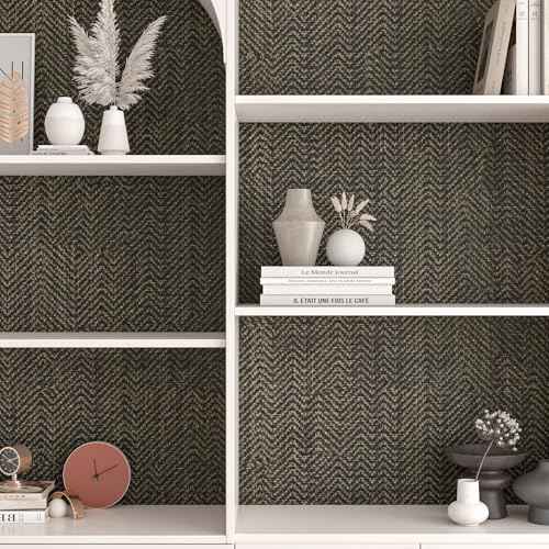 Black Gold Wallpaper Peel and Stick Grasscloth Wallpaper Herringbone Textured Woven Fabric Wall Paper Removable Self Adhesive Black Linen Contact Paper for Cabinets Bedroom Walls 17.7"x80"