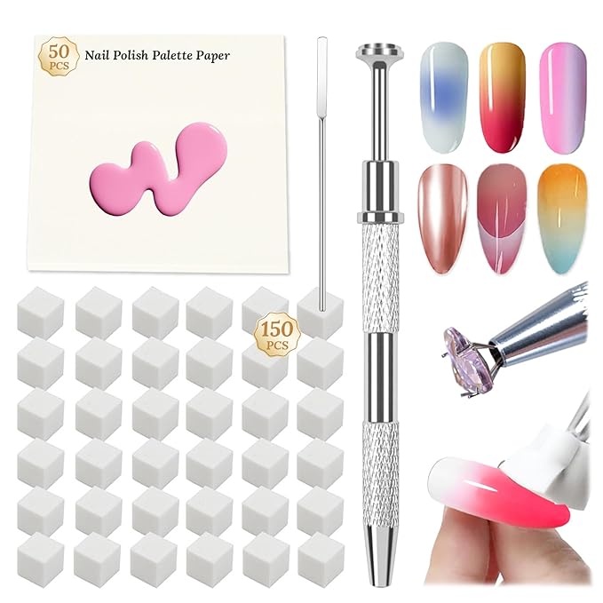 150PCS Nail Art Sponges for Ombre, 50 PCS Nail Art Palette Paper, Nail Polish Mix Rod, Grabbing Pen, Nail Art Ombre Brushes Supplies Design Tools Nail Tech Accessories for Salon & Home