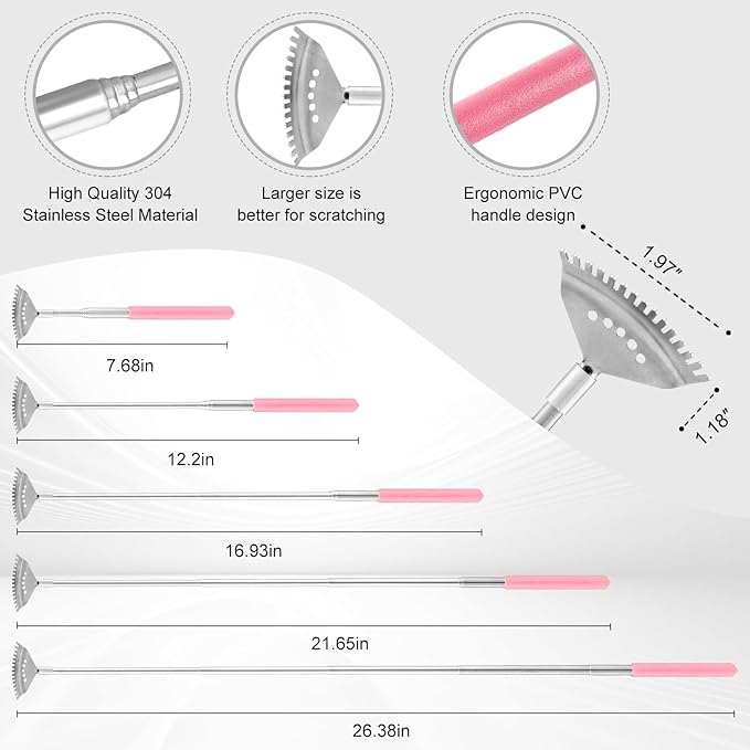 XKOS 4 Pack Different Back Scratcher Portable Telescoping with Rubber Handles, Extendable Metal Back Massager Tool with Beautiful Box, Stocking Stuffers for Men Women Adults (Pink)