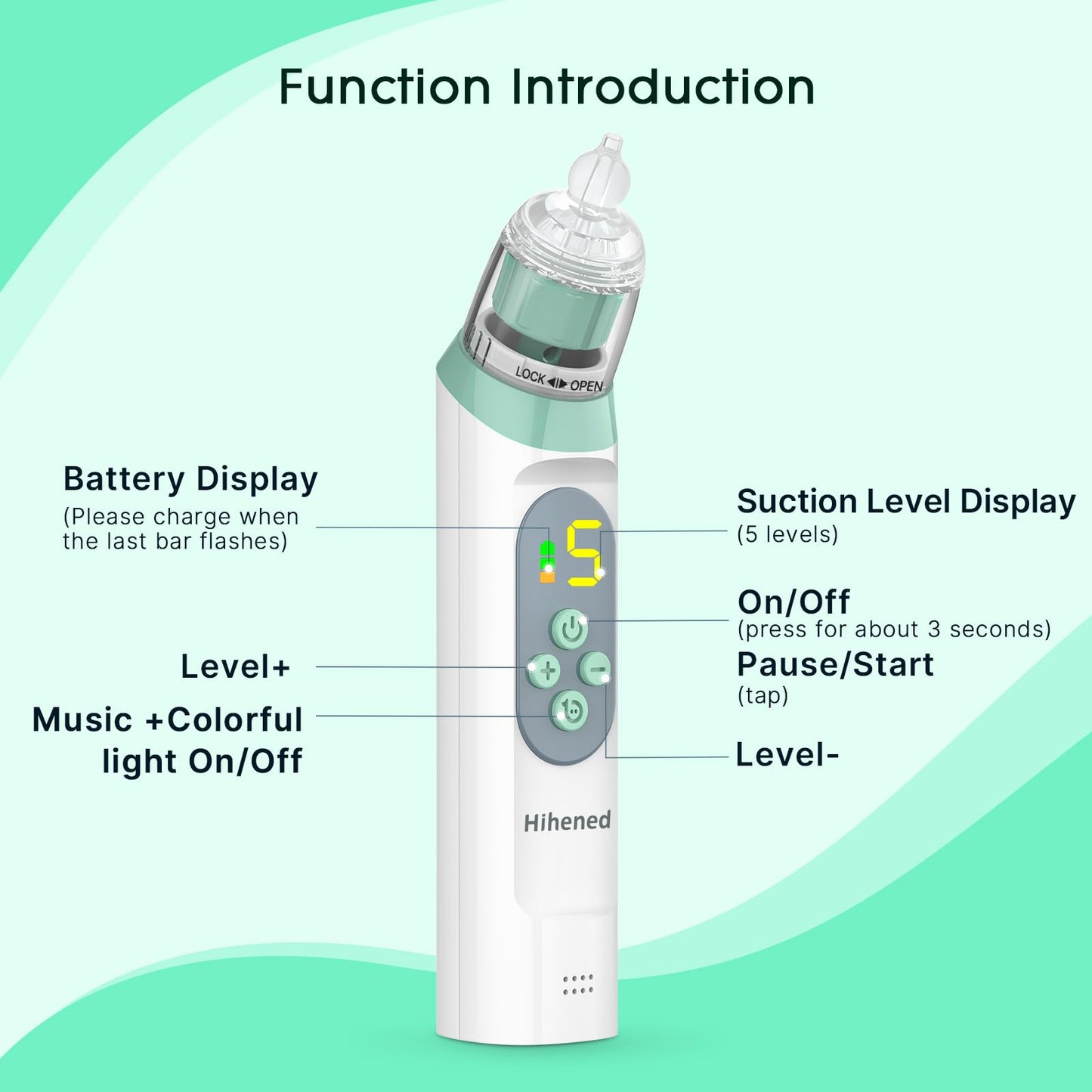 Electric Nasal Aspirator for Baby, Nose Aspirator for Toddlers, Waterproof Baby Nose Sucker, Nose Cleaner with 3 Silicone Tips, Adjustable Suction Level, Music and Light Soothing Function,Green