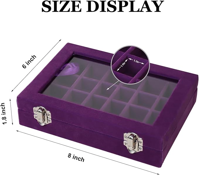 Velvet Jewelry Box 24 Grid Jewelry Earrings Display Organiser Box Ring Tray Holder Earrings Storage Case for Girls Women Wife Mom (Purple)