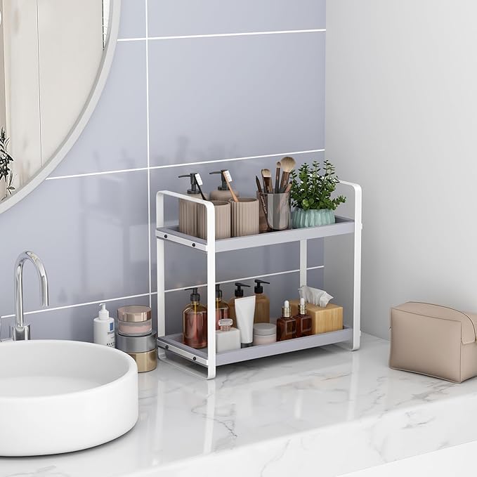 Bathroom Counter Organizer,Bathroom Countertop Organizer,Counter Shelf,Countertop Storage,Organization and Storage,Makeup Shelf,Sink Caddy(Grey 2 Tier)