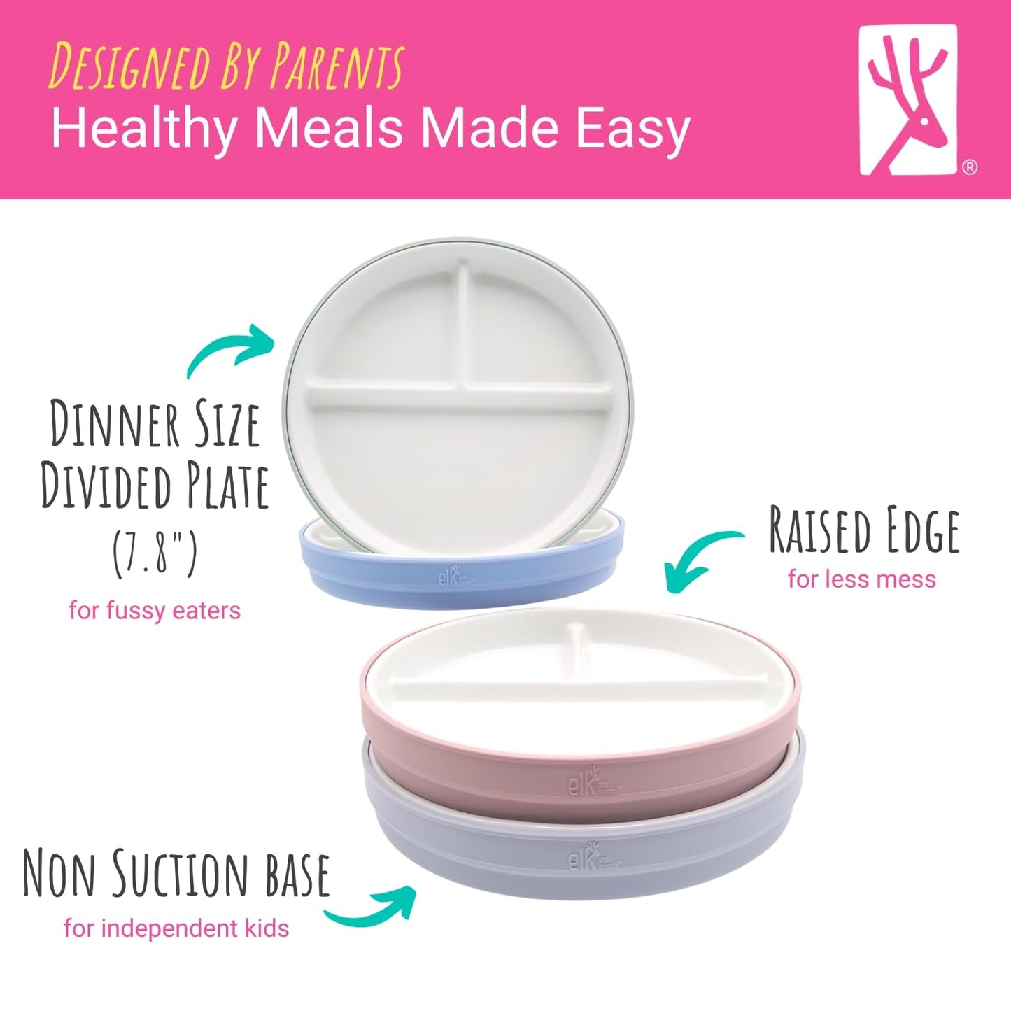 Elk and Friends Kids 7.8” Porcelain White Plates with Silicone Sleeves | Divided Plates | Suitable for Kids/Toddlers | Microwave & Dishwasher Safe | Non Slip | Snack Dishes…