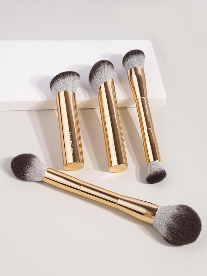 MAANGE 4-Piece Gold Cosmetic Brush Set: Double-Ended Angled Kabuki, Foundation, Blush & Contour Brushes for Face Makeup