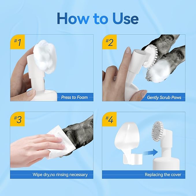 Paw Cleaner | No-Rinse Foaming Cleanser for Dogs Cats | 7 fl oz | Gentle and Safe | Pleasant Smell | Deep Clean Pet Paws | Bottle with Removable Soft Silicone Brush, 2 Bottles