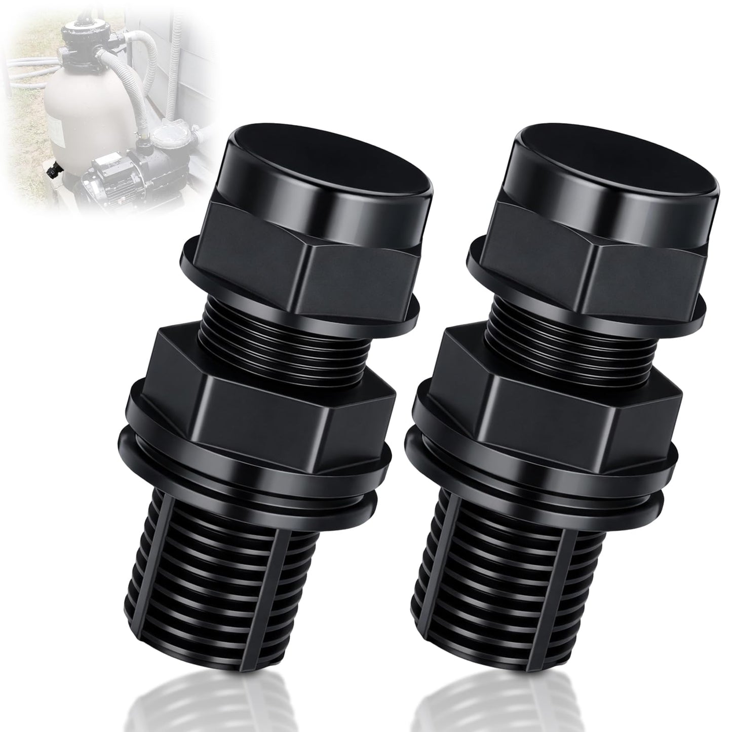 Chicmount 2 Pcs Plastic Drain Plugs and Seal Ring Set Replacement Drain Plug and Seal for Sand Filter Systems with 12 and 14 Inch Tanks (Black)