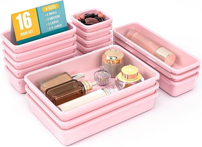 16 PCS Drawer Organizer Set, 4 Size Makeup Drawer Divider Organizer With Non-Slip Pads, Interlocking Plastic Storage Bins for Office,Jewelry Vanity,Gadgets, Bathroom,Kitchen, Pink