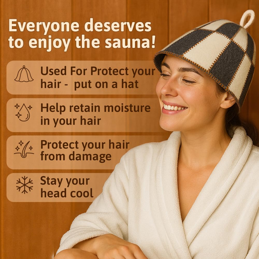 ASKOLD Wool Sauna Hat Checkered - Wool Banya Hat Sauna Cap for Men - Sauna Cap for Women to Protect Hair Grey and White