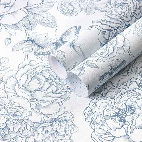 Safiyya Floral Peel and Stick Wallpaper Blue and White Contact Paper Boho Wallpaper for Bedroom Peony Wall Paper for Bathroom Removable Self Adhesive Vinyl Rolls 17.3''¡¿78.7''