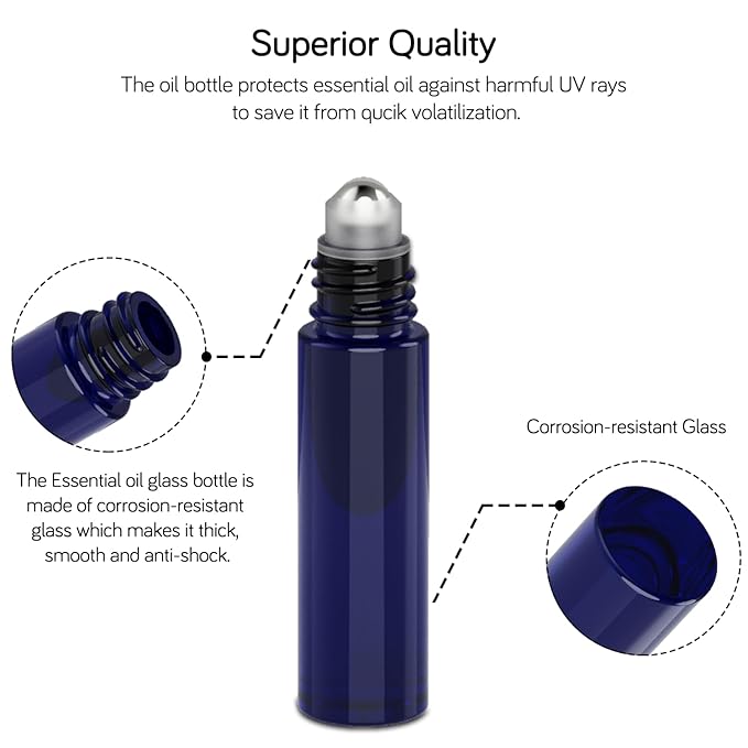PrettyCare 10 ml 4 Pack Essential Oil Roller Bottles with Stainless Steel Roller Ball - Refillable Leak-proof Empty Thick Blue Glass Roll on Bottles with Black Caps for Travel, Perfume