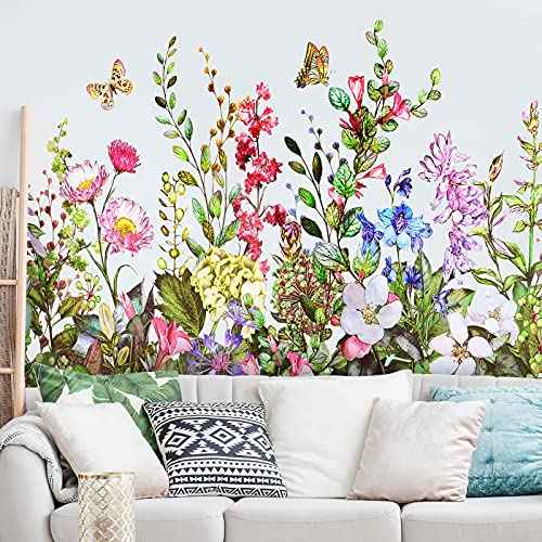 Outus Flower Wall Decals Floral Butterfly Wall Stickers Wildflower Greenery Wall Decor Removable Peel and Stick Art Murals for Kids Room Nursery Bedroom Living Room Home(19.69 x 27.56 Inch)